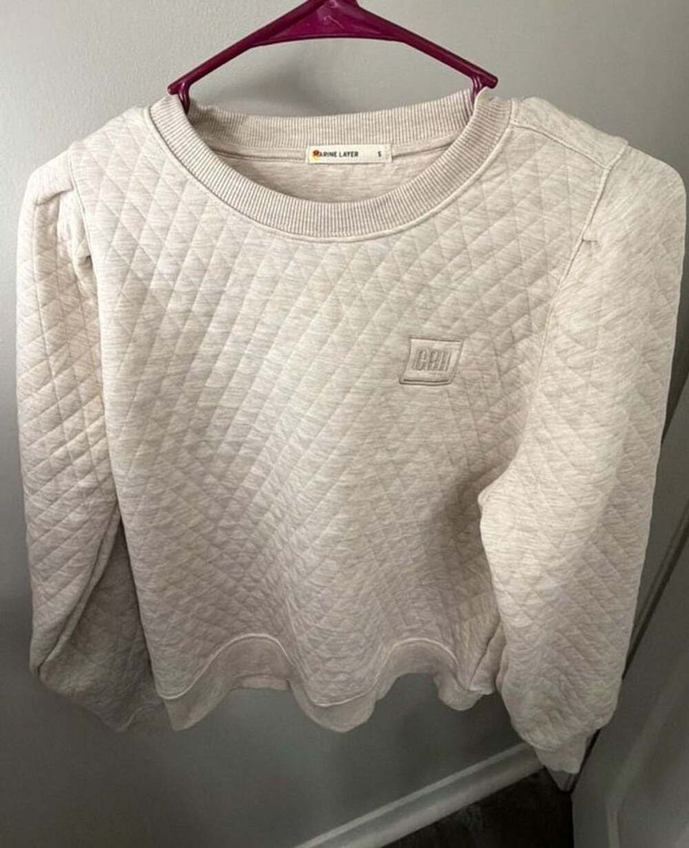 Marine Layer Womens S Corbet Quilted Crewneck Sweatshirt Oatmeal CRII Embroider